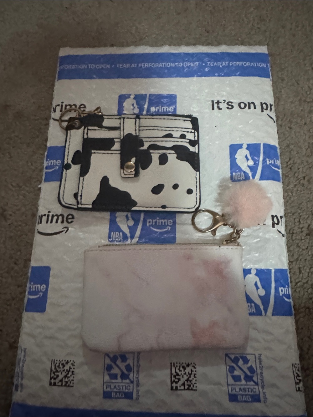 Black & White Cow Print Card Holder with Pink Pom Keychain and Pink Card Case